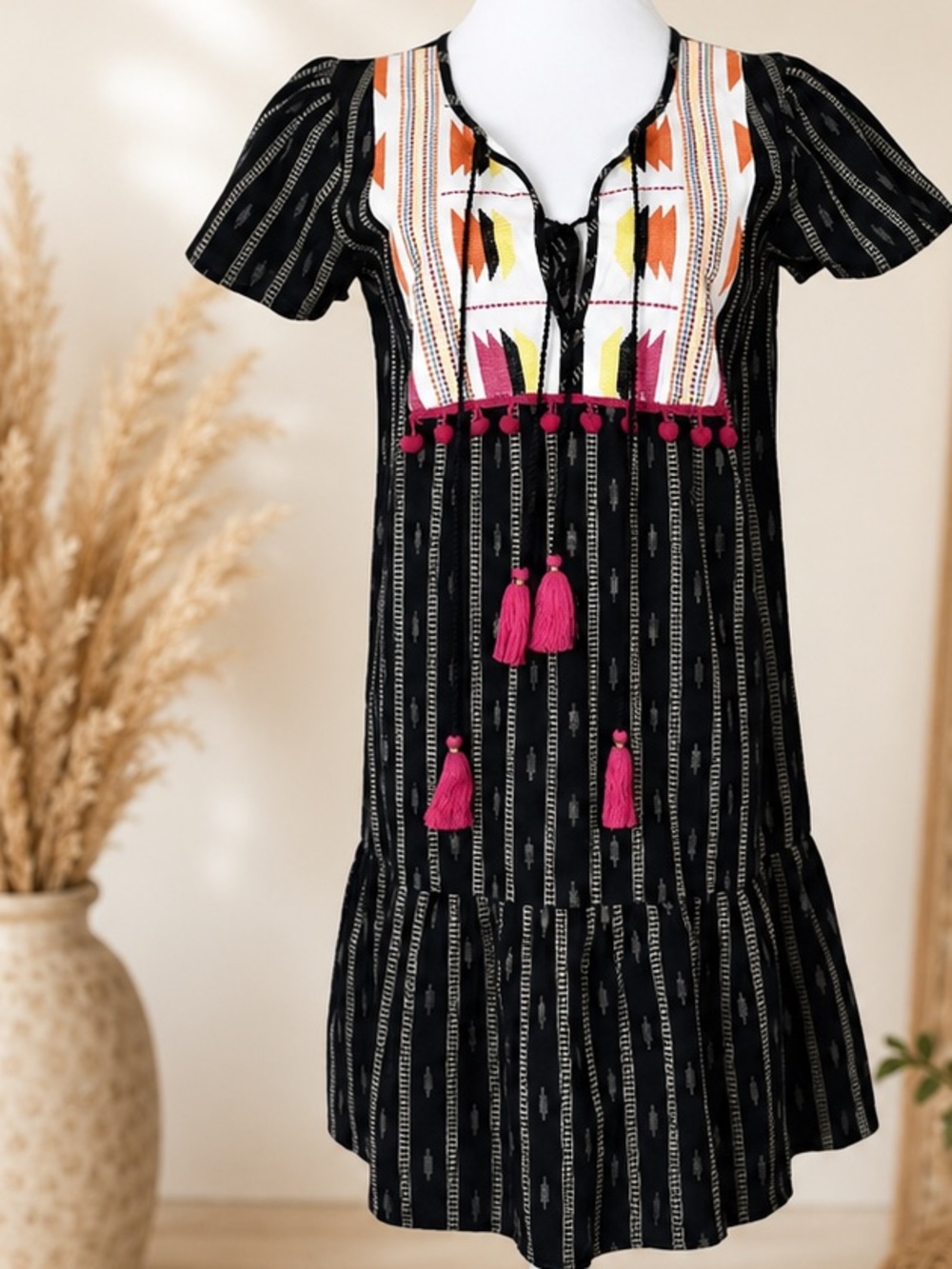 THML Mini Dress with Pink Tassels and Multicolor Embroidery
